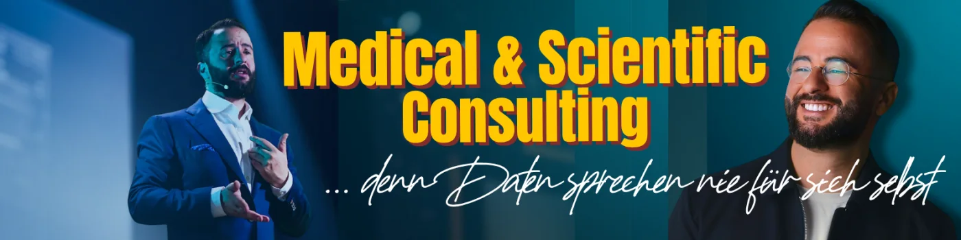Titelbild des LinkedIn-Profils: links Bertan Türemis mit Headset-Mikrofon auf der Bühne, rechts im Porträt. Aufschrift: Medical & Scientific Consulting, denn Daten sprechen nie für sich selbst