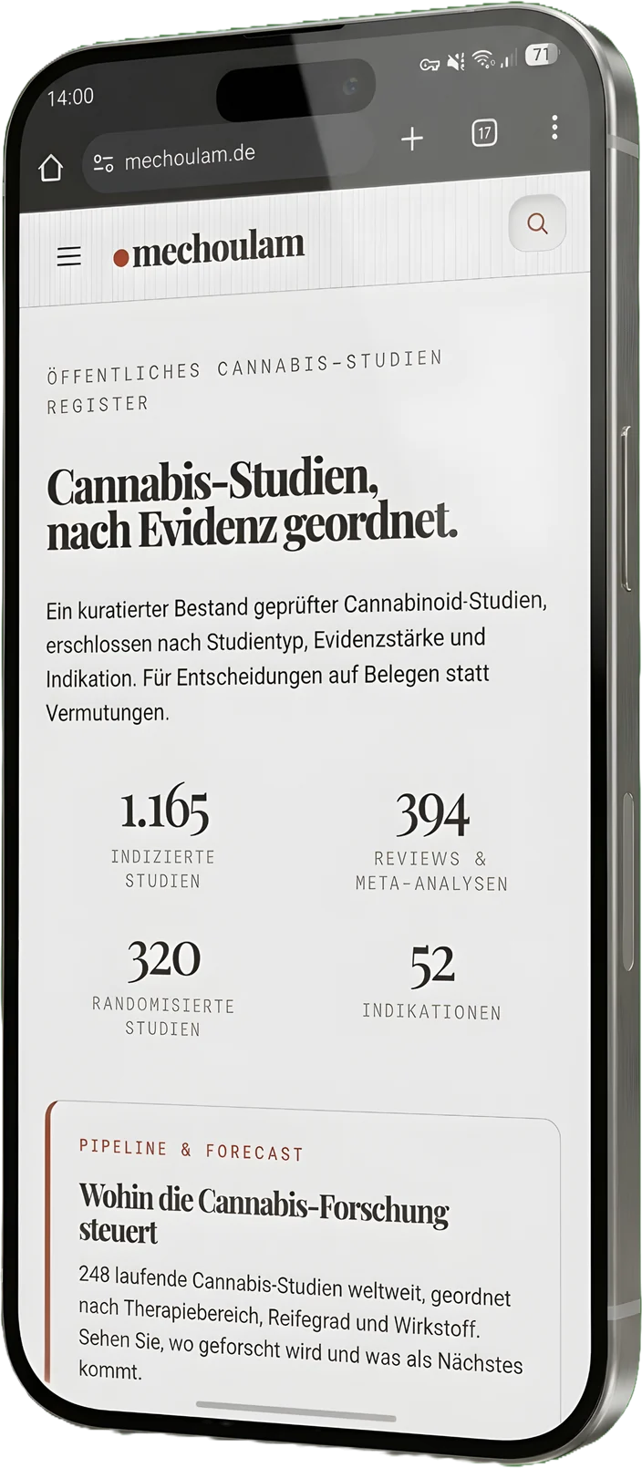 mechoulam.de auf einem Smartphone: öffentliches Cannabis-Studienregister